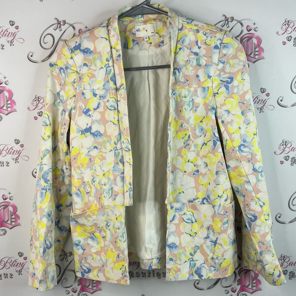 Elly M blazer flowers cardigan style pockets blue pink Pastel Floral Blazer
